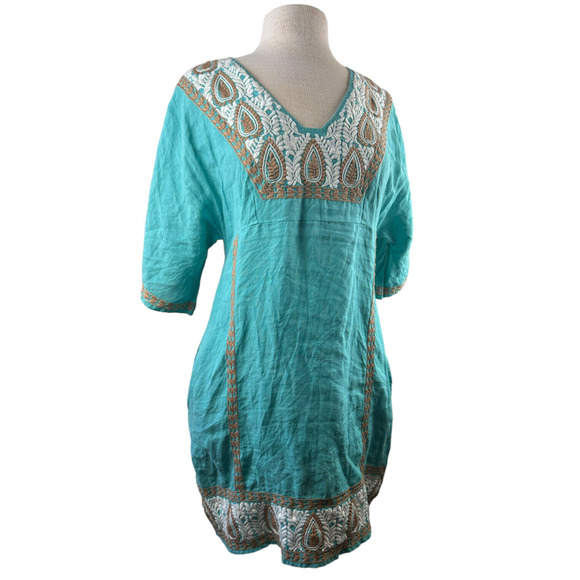 Uncle Frank 100% Linen Embroidered Dress V-Neck Boho Festival Pockets Size Small - Picture 12 of 12